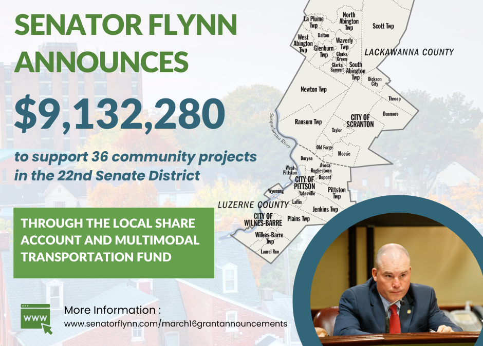 Senator Marty Flynn Announces $9,132,280 to Support 36 Projects in the 22nd Senate District